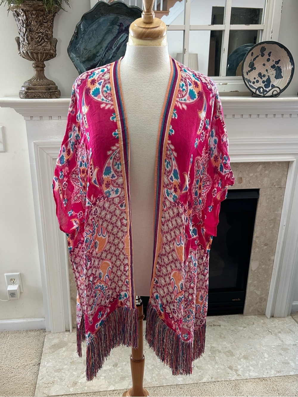 Chico's Pink multi Color Open Concept Fringed Kimono